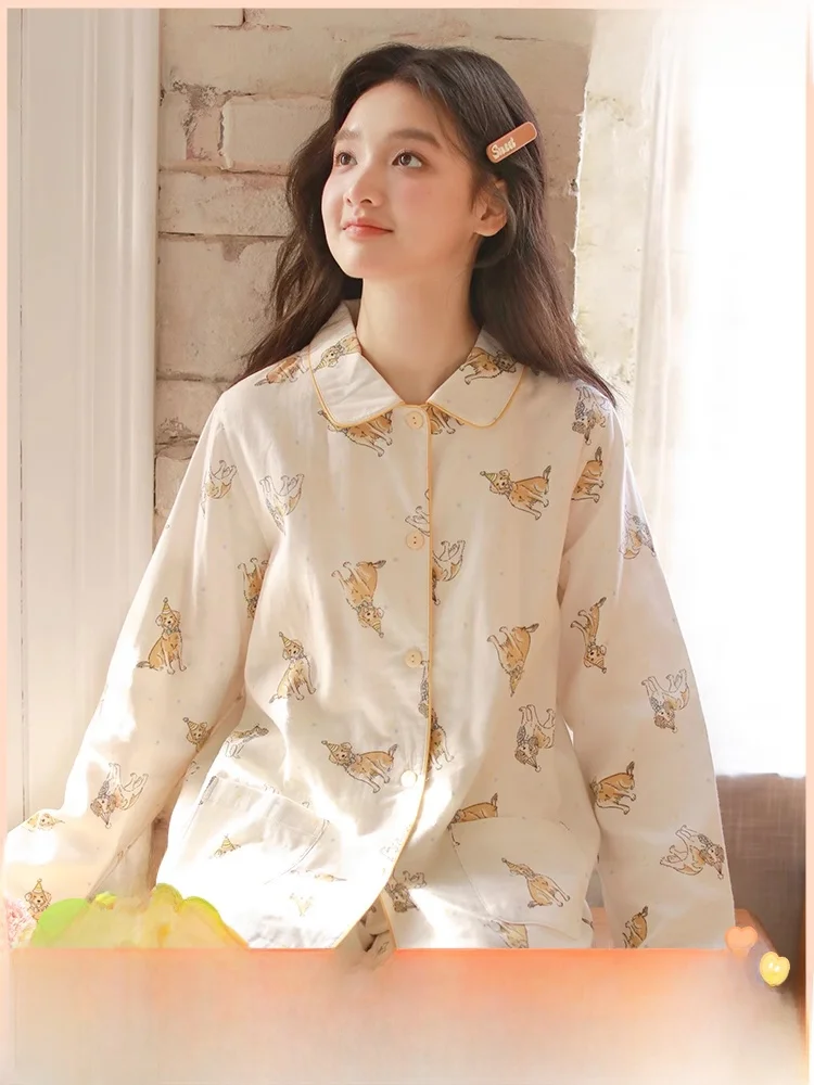 New Spring and Autumn Cotton Gauze Women Pajamas Sweet Cute Print Plus size Casual Home Wear