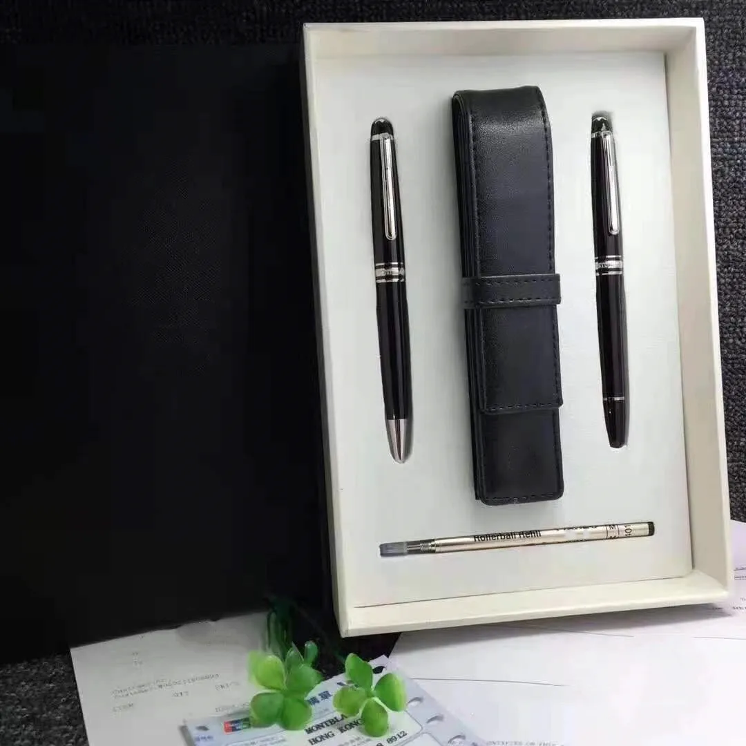 Luxury Pen set + pen sleeveBlack Resin Gold and Silver Meisterstuck 145 Roller Ball Signature Fountain Pen Office Supplies Gift