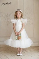 elegant princess flower girl dresses for wedding party o neck tulle ruffle pleated short sleeves first holy communion dresses