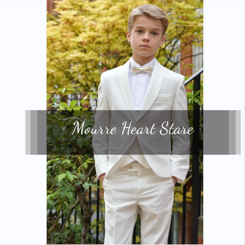 White Boys Suit 3-Piece Set Kids Wedding Suits For Child  Shawl Collar Jacket Vest Pants Slim Fitted Party Tuxedo