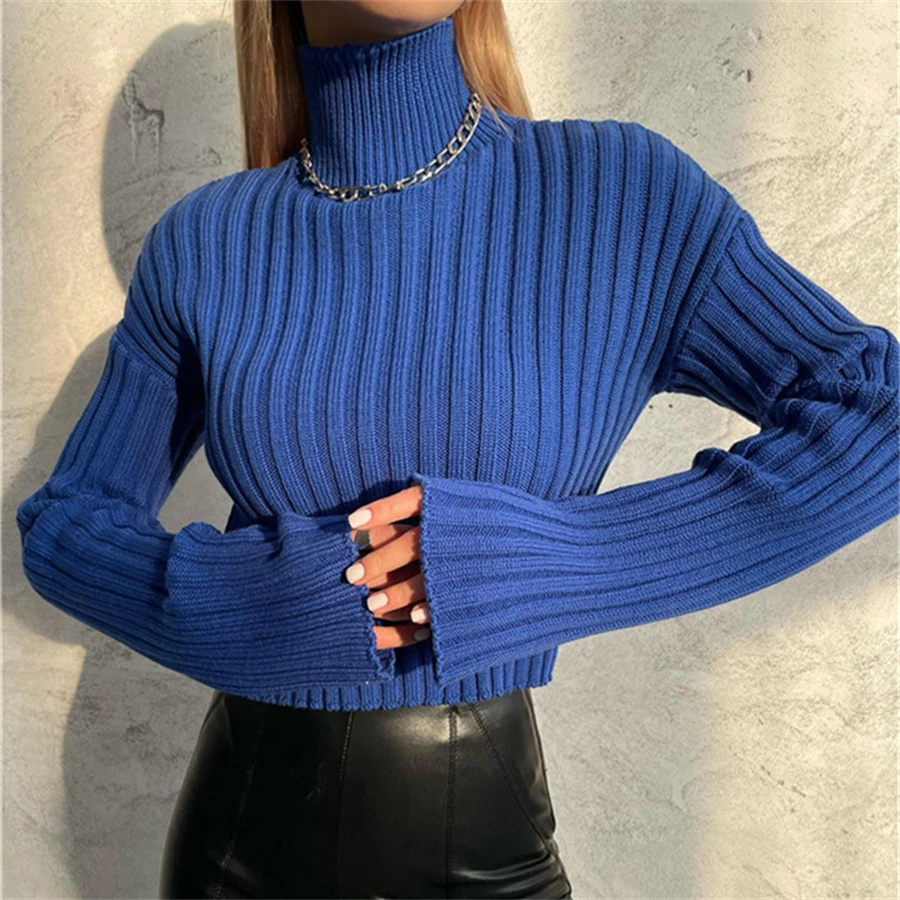 

Winter Women High Neck Crop Sweaters Knitted Ribbed Pullover Tops Jumpers Y2k Clothes