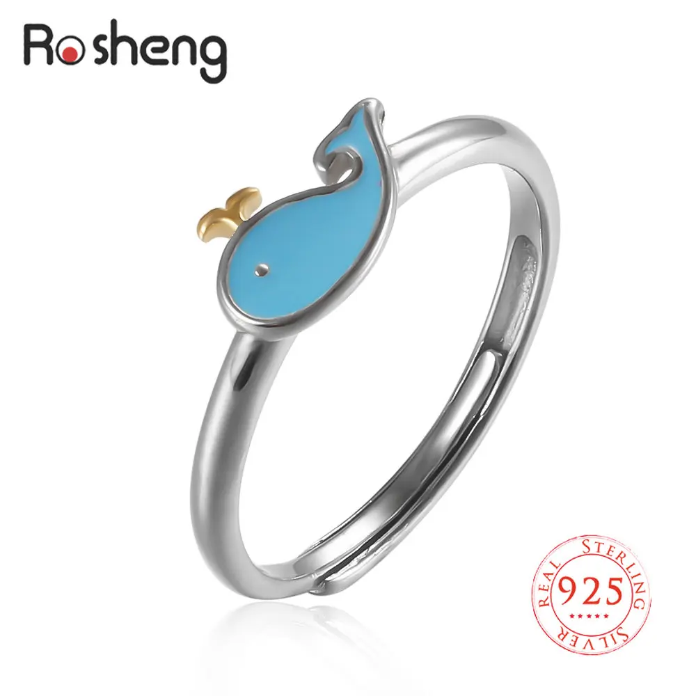 

Real S925 Little Whale Korean Sweet Dolphin Cute Fish Silver Color Personality Female Resizable Opening Rings