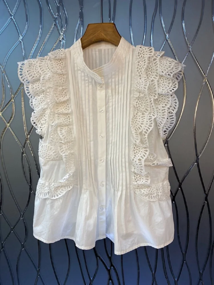 100%Cotton Shirts 2022 Spring Summer Casual Blouse Ladies Ruffle Lace Embroidery Sleeveless White Button Shirts Blusas Feminino