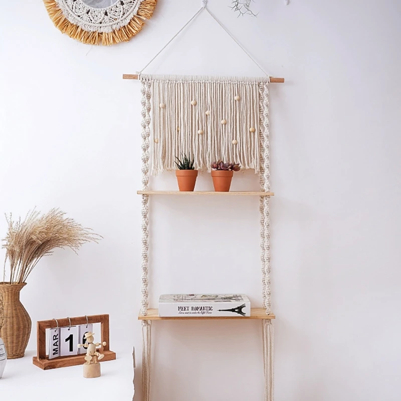 

Bohemian Macrame Wall Hanging Shelf Double Layer Floating Storage Rack Plants Holder Display Organizer with Tassel Decor