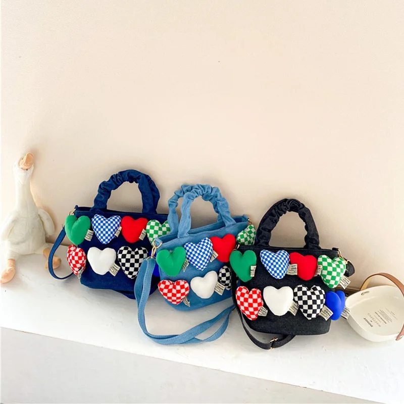 Love Heart Lattice Parent-child Canvas Fashion Shoulder Bags 2022 New Girl Boy Korean Style Personalized Cute Handbag All-match