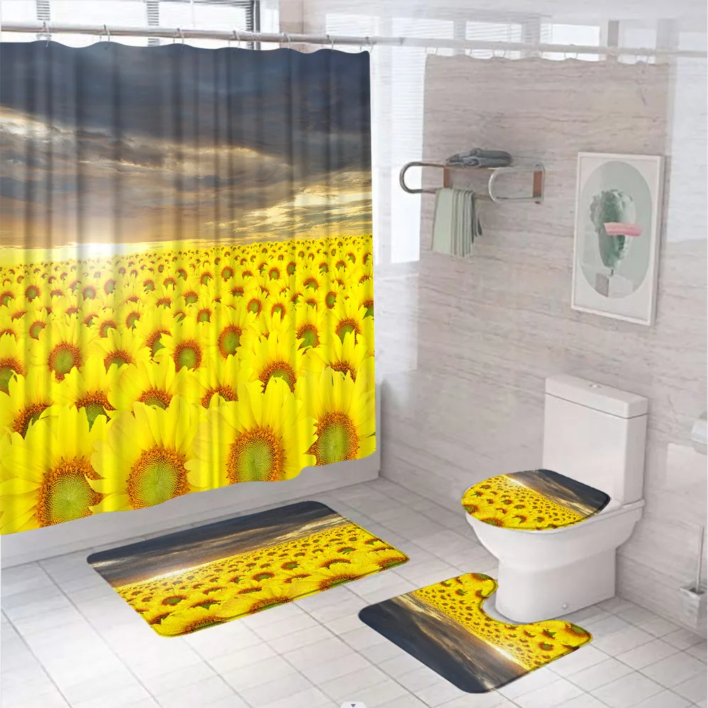 

4Pcs Shower Curtain Set Sunflowers Countryside Field Floral Sunset Yellow Non-Slip Rug Toilet Lid Cover Bath Mat Bathroom Decor