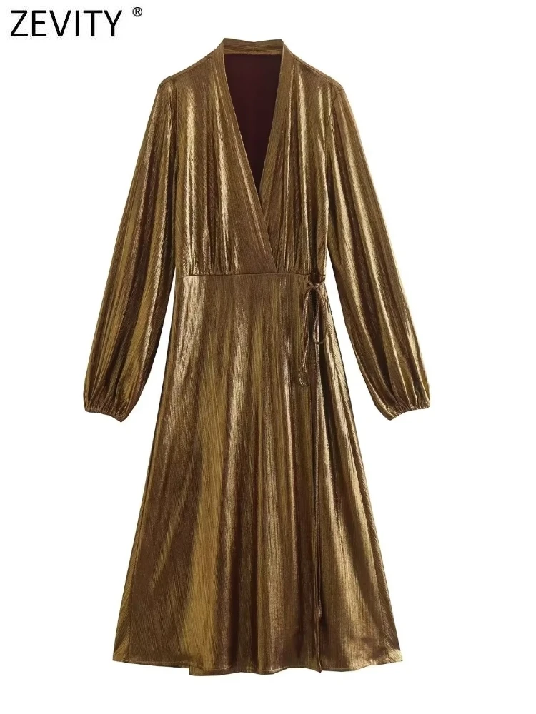 

Zevity женское винтажное однотонное металлическое повседневное тонкое платье миди с V-образным вырезом, женское шикарное кимоно с длинным рукавом, ТРАПЕЦИЕВИДНОЕ ПЛАТЬЕ DS3311