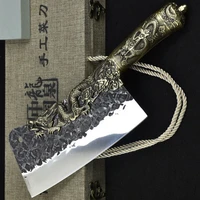 longquan knife handmade forged 7 5 inch cleaver chop kitchen hatchet knife dragon decor copper handle bone meat poultry tools