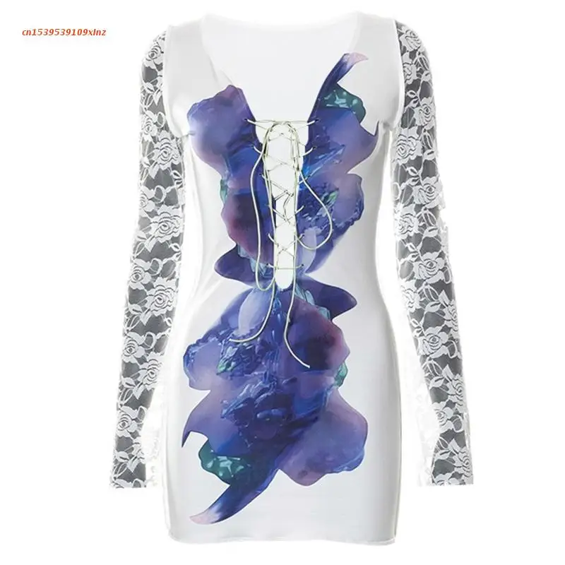 

Сексуальное облегающее платье для женщин, стильное платье на шнуровке с принтом, Сетчатое платье в стиле пэчворк