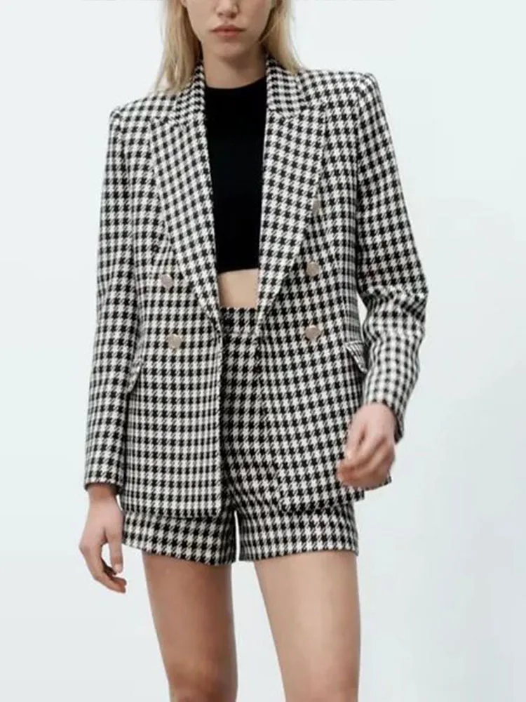 

Женский двубортный твидовый Блейзер, винтажный пиджак с длинными рукавами и карманами в стиле «гусиные лапки», 2022