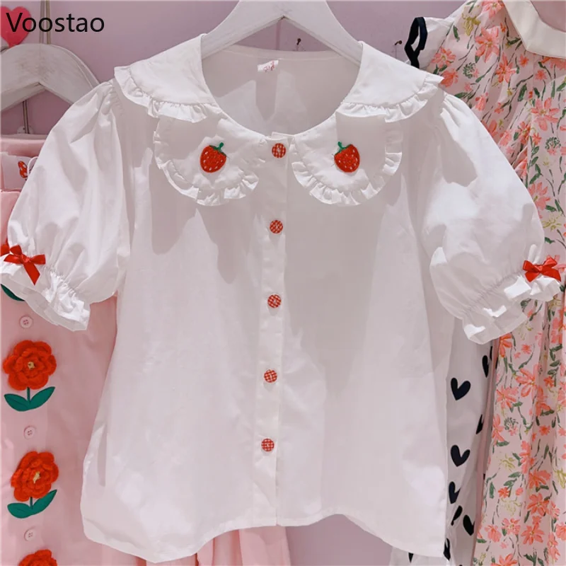 

Japanese Kawaii Lolita Blouses Women Sweet Strawberry Embroidery Bow Lace Peter Pan Collar JK Shirt Girls Cute Blusas Mujer Tops