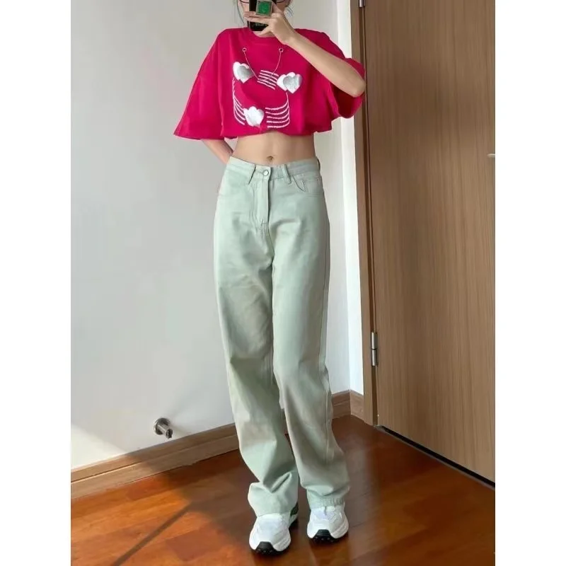 High street mint green jeans female students summer 2022 new loose and thin high waist straight tube pants ins fashion