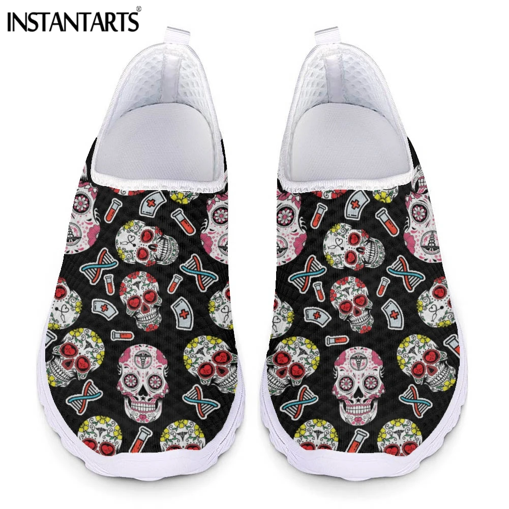 

INSTANTARTS Gothic Sugar Skull Pattern Ladies Flat Shoes Summer Breathable Slip-on Mesh Sneakers Casual Style Lazy Loafers 2022