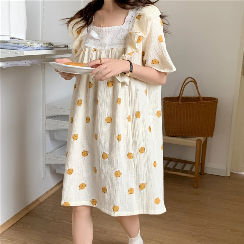 

Kawaii летняя ночная рубашка с принтом тигра женская ночная рубашка с квадратным воротником с оборками хлопковое желтое Ночное платье Милая К...