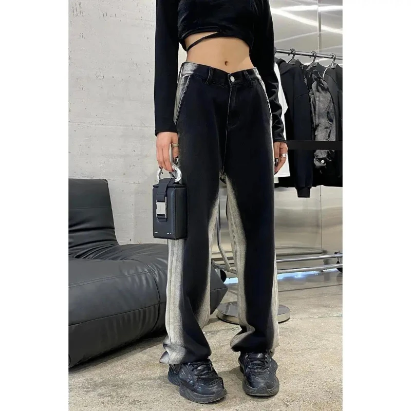 

Wide Leg Jeans Women Gradient Panelled Full Length Jeans Handsome High Waist Wide Leg Pants Loose Female Joggers Design Hipster