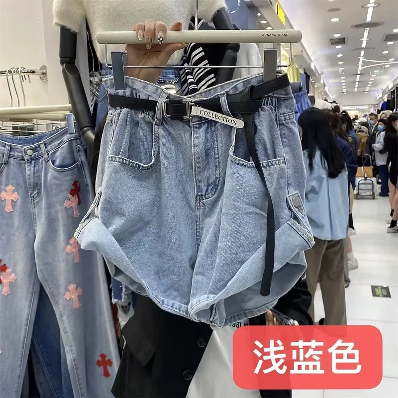 2022 New High Waist Harajuku Green Blue Denim Shorts College Style Summer Women Casual Loose Vintage Wide Leg Short Jeans Female