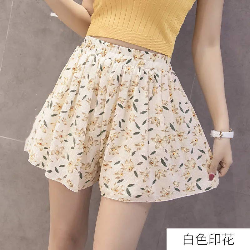 Spring Summer Shorts For Women Chiffon Floral Wide Leg Shorts Loose Print High Waist Female Casual  Shorts Skirt