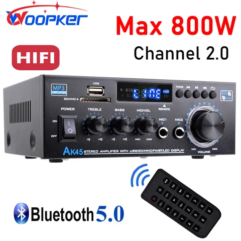 Цифровой Hi-Fi усилитель Woopker AK45, максимальная мощность 90 Вт, x2, канал 2,0, Bluetooth, объемный звук, колонка для дома и автомобиля