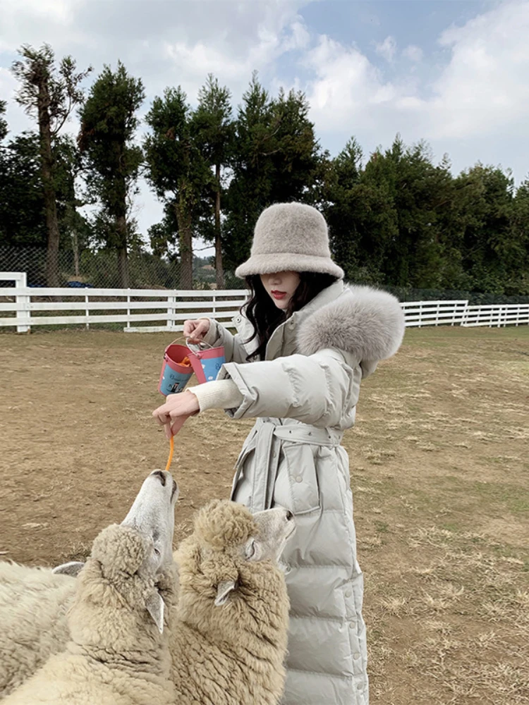 

Женское зимнее пальто с капюшоном OFTBUY, белое Свободное пальто на утином пуху с натуральным лисьим мехом, повседневная плотная уличная одежд...