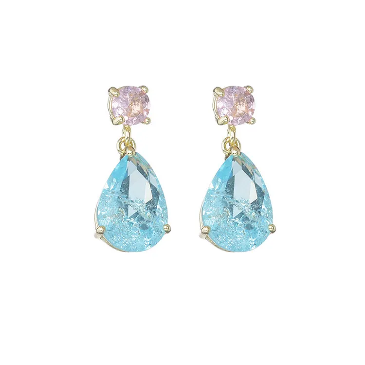 

New Pop Flower Light Sea Blue Pink Crystal Inlaid Female Sweet Temperament Simple Ice Crack Water Drop Earrings