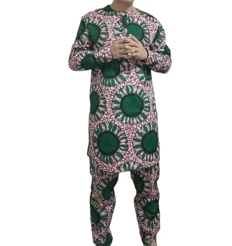 Nigerian Style Long Sleeves Men's Sets Modern Design Print Male Pant Suits African Fashion Wedding Party Wear