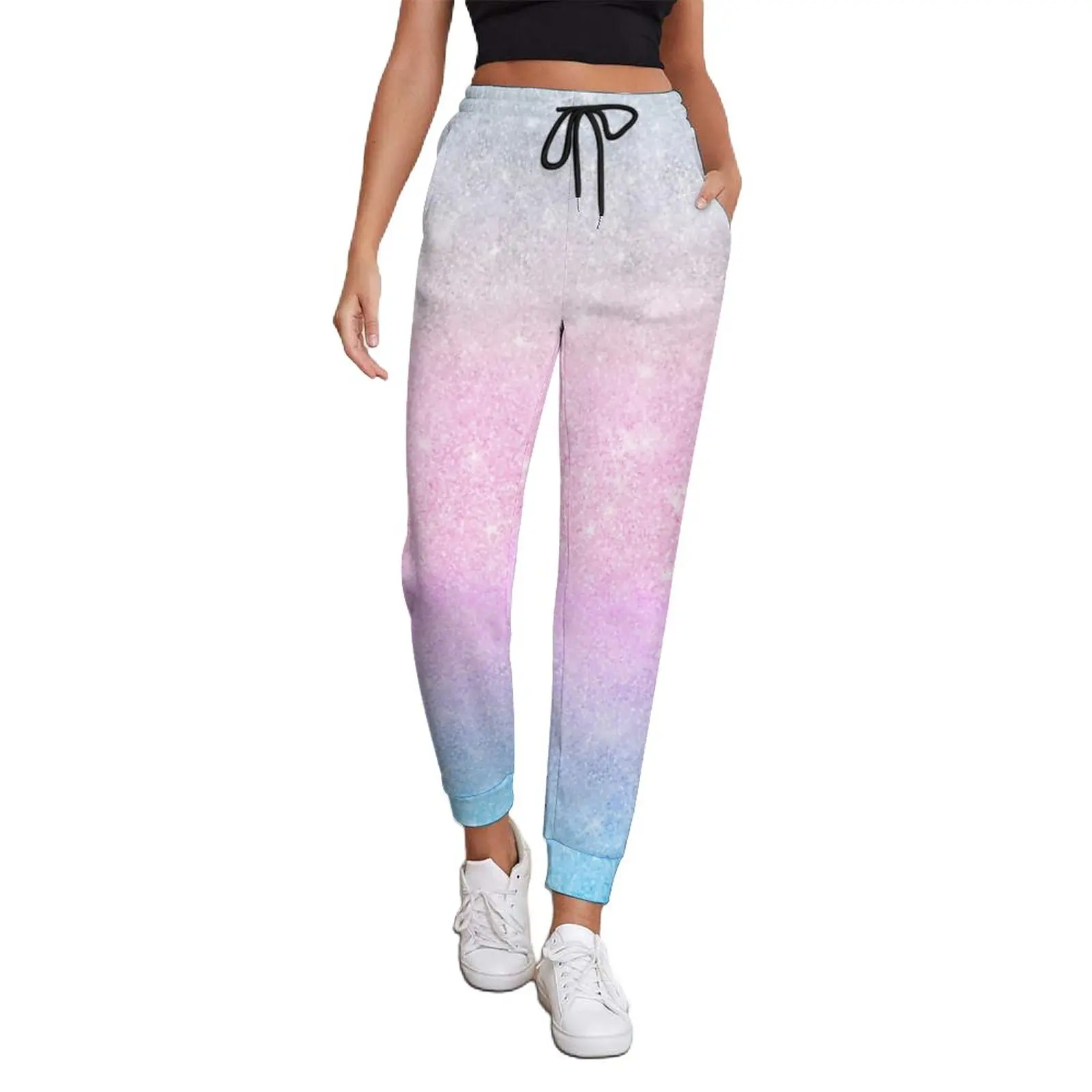 

Elegant Blue Pink Ombre Jogger Pants Ladies Rainbow Glitter Print Hippie Sweatpants Spring Vintage Print Big Size Trousers Gift