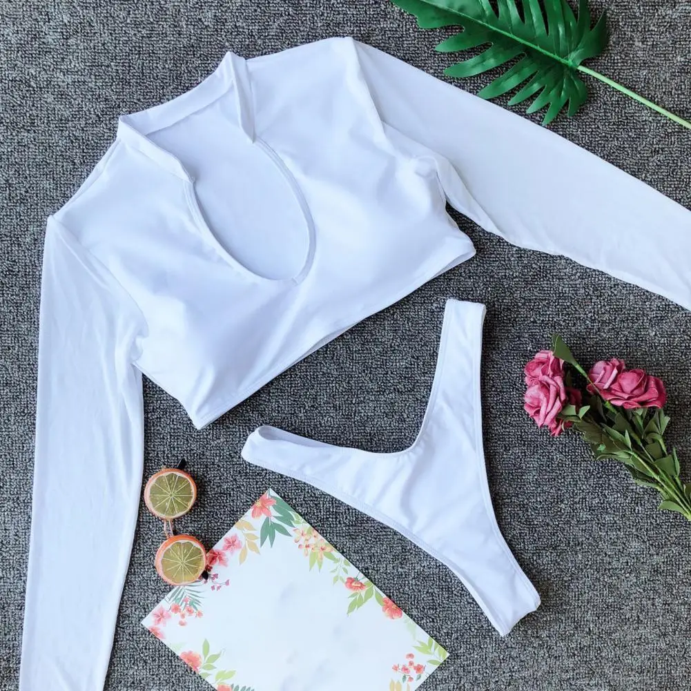 

Push Up Breathable Good Elasticity V-neck Long Sleeve Two Pieces Bikini Set Bikini Suit for Water Activity