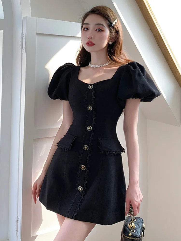 

Женское короткое платье с пузырьковым рукавом, черное однобортное платье в Корейском стиле, лето 2023
