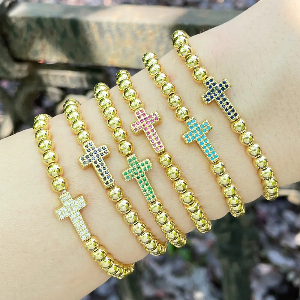 

Vlen Fashion Christian Luxury CZ Cross Bracelet for Women Pulseras High Quality Gold Plated Beaded Bracelet Jewelry Gift for Her