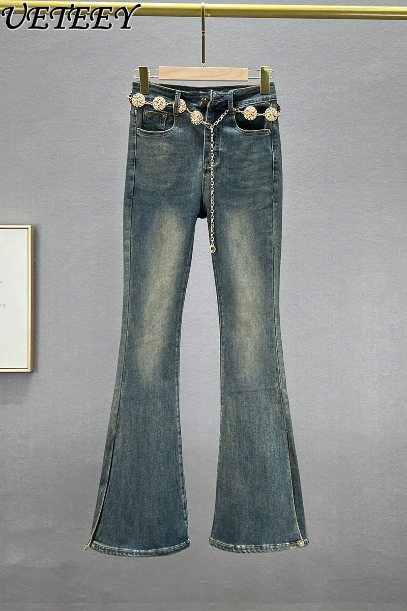 

Women's Jeans Split Denim Bell-Bottom Pants Female 2023 New Autumn Elastic High Waist Slim Flared Pants Lengthened Trousers