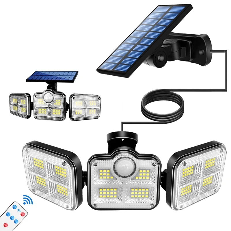 

108 122 138 171 LED Solar Lights Outdoor 3 Head Motion Sensor 270 Wide Angle Illumination Waterproof Remote Control Wall Lamp