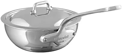 

5-Ply Polished Stainless Steel Splayed Curved Saute Pan With Lid, And Cast Stainless Steel Handle, 2.1-qt, France