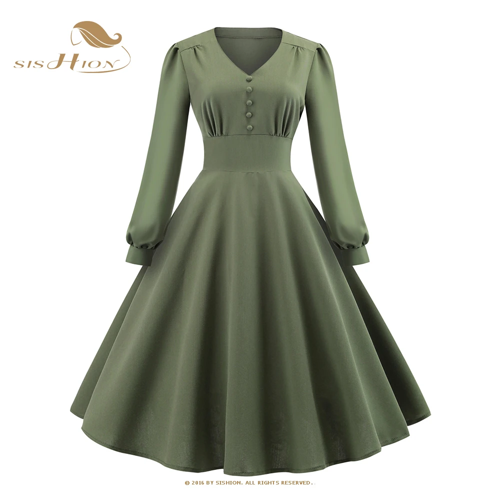 

Женское винтажное платье SISHION в стиле 50-60-х годов, черное, зеленое платье с V-образным вырезом, длинными рукавами и пуговицами, новинка 2023, весенние трапециевидные платья VD3491
