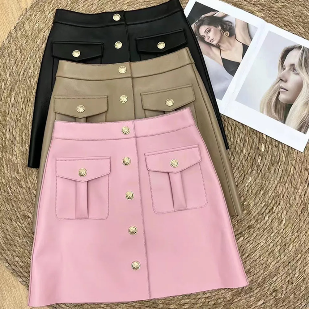 

Autumn Korean Style Women's High Quality Sheepskin Genuine Leather Vintage A-line Skirt C691