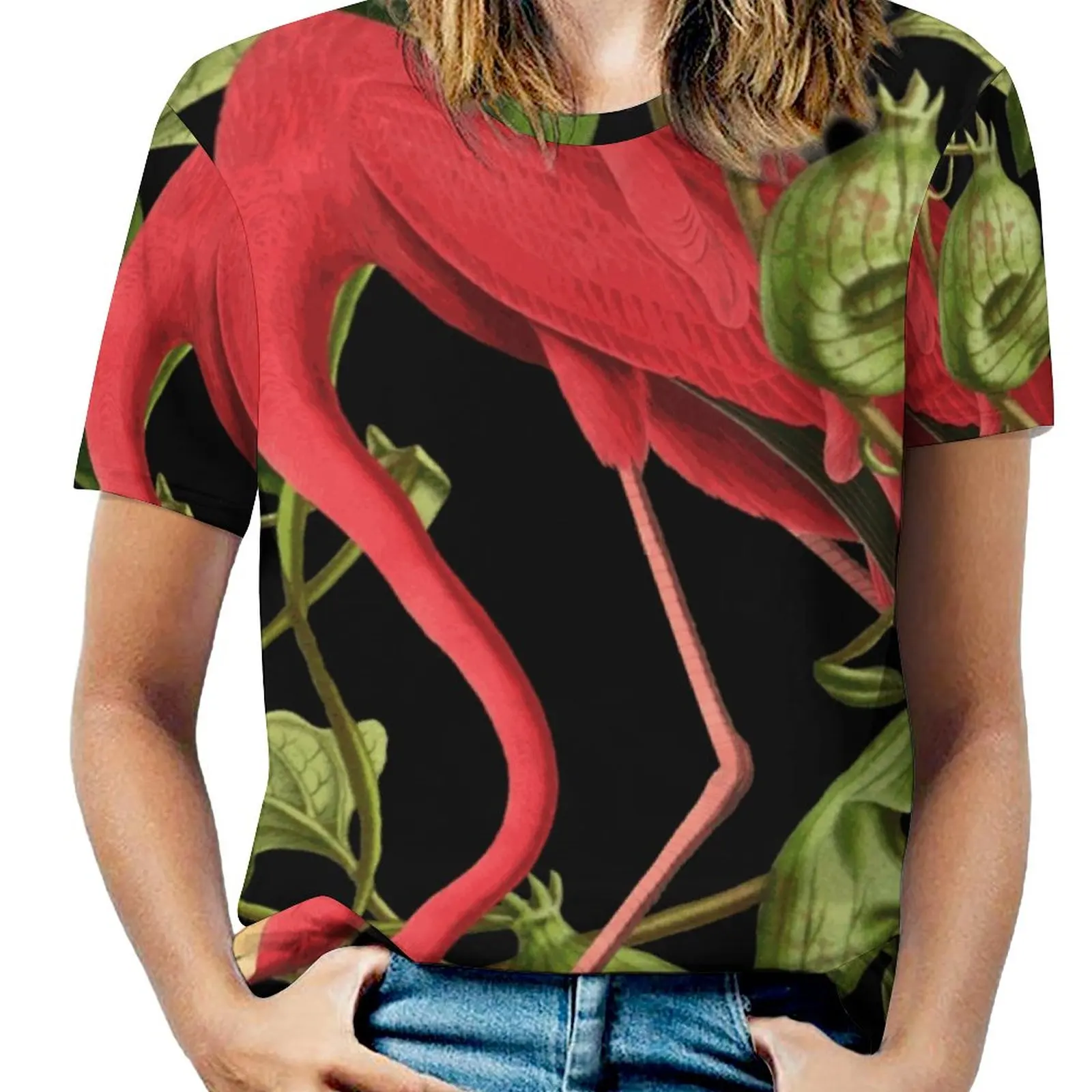 

Женская футболка с рисунком фламинго, футболки с круглым вырезом, пуловер, топ с рисунком фламинго, розового джунглей, тропических растений, экзотических