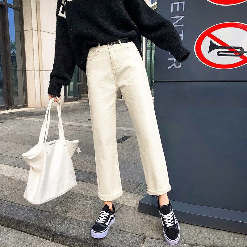 2022 Korean Style Casual Denim Pants High Waist Straight Ankle-length Baggy trousers，Loose Women's Jeans ，Apricot