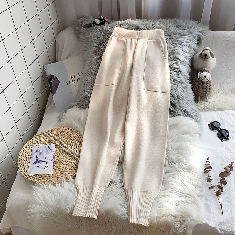 Knitted Women Pants Winter New High Waist Harem Pocket Solid Ankle Length Female Clothing Top Quality