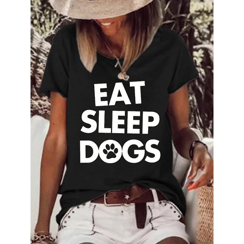 

Ретро винтажная Хлопковая женская футболка Rheaclot Eat Sleep Dogs с принтом