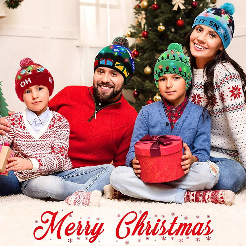 2023 New Year LED Knitted XmasHat Beanie Light Up Illuminate Warm Hat for Kid Adults New Year Christmas Hat Decoration Navidad