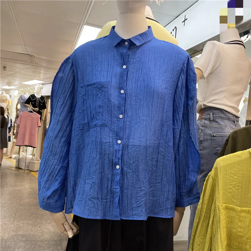 

SuperAen 2022 Summer New Fashion Turn Down Collar Slightly Wrinkled Solid Loose Cardigan Sunscreen Thin Shirts Womens Tops