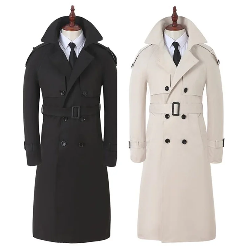 

Windbreaker trench coats men's long over the knee spring autumn new Korean business fashion British rice white wild clothes