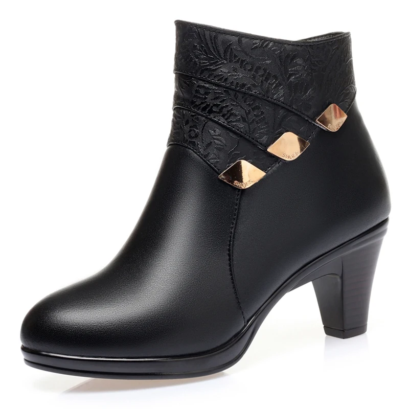 Women's Winter Boots 2023 New Genuine Leather Dress Women Boots Fashion Mid-heel Wool Warm Women's Ankle Boots