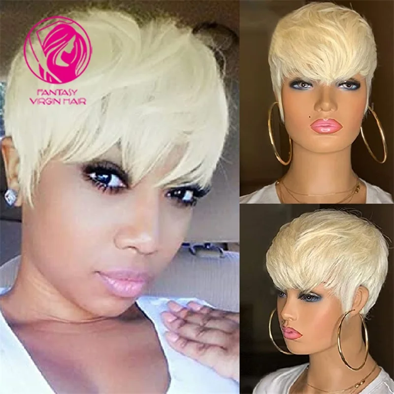Blonde Pixie Cut Wig #613 Full Machine Made Wigs Human Hair Brazilian Short Bob With Bangs Machine Wig For Women