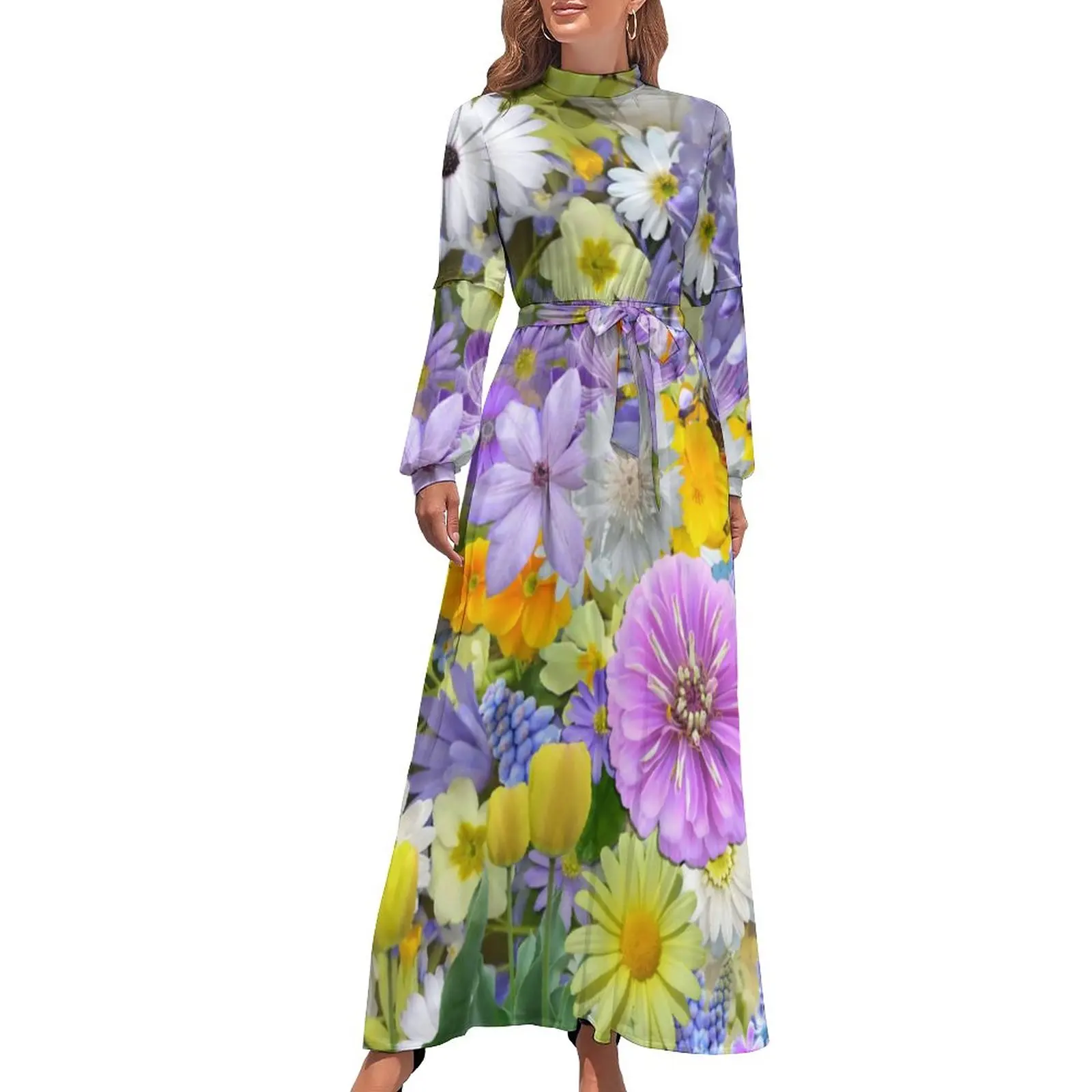 

Flower Print Dress High Waist Florals and Butterflies Graphic Bohemia Dresses Long Sleeve Fashion Long Maxi Dress Sexy Clothing