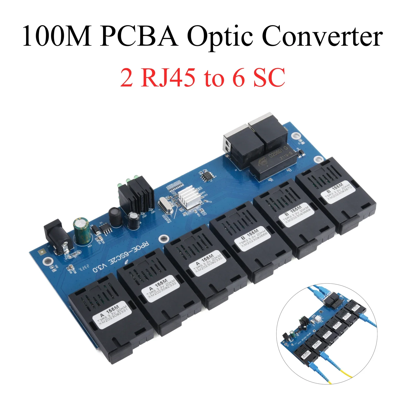 Фото Плата PCBA, оптический медиаконвертер 100 Мбит/с, 2 разъема RJ45 на 6 оптических разъемов SC, 1310нм/1550нм, порты 3A+3B, 20 км, Ethernet-коммутатор. №1
