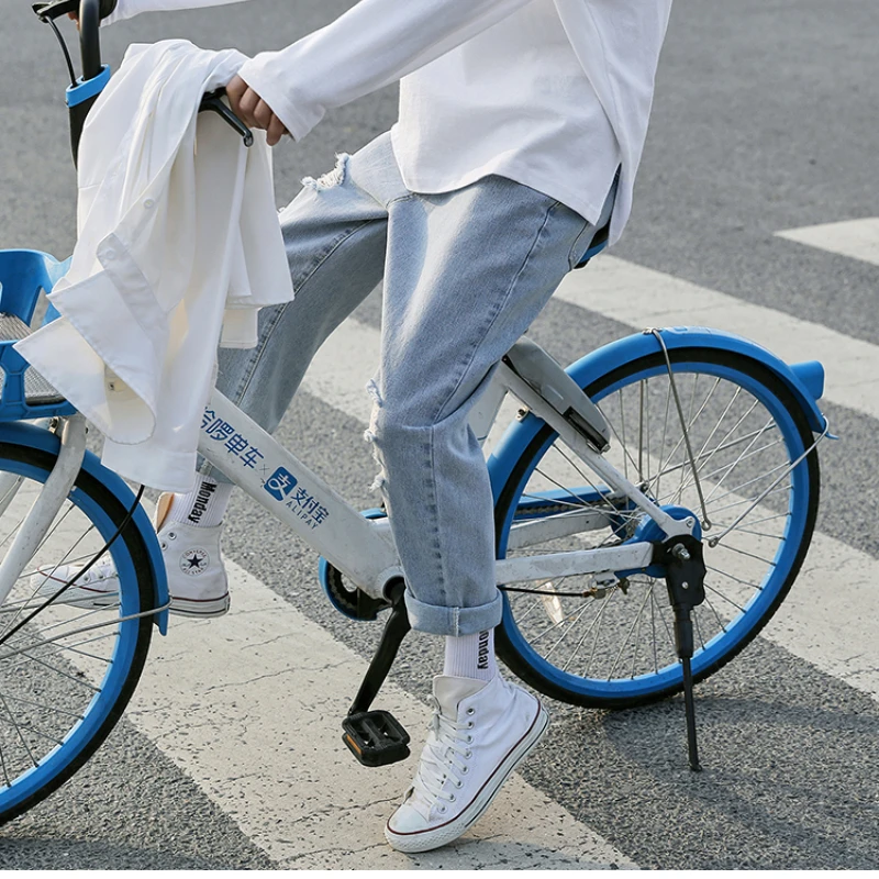 DEEPTOWN Men's Ripped Jeans Washed Men Hip Hop Straight Pants Youth Light Blue Streetwear Denim Trousers Male Spring Solid Blue