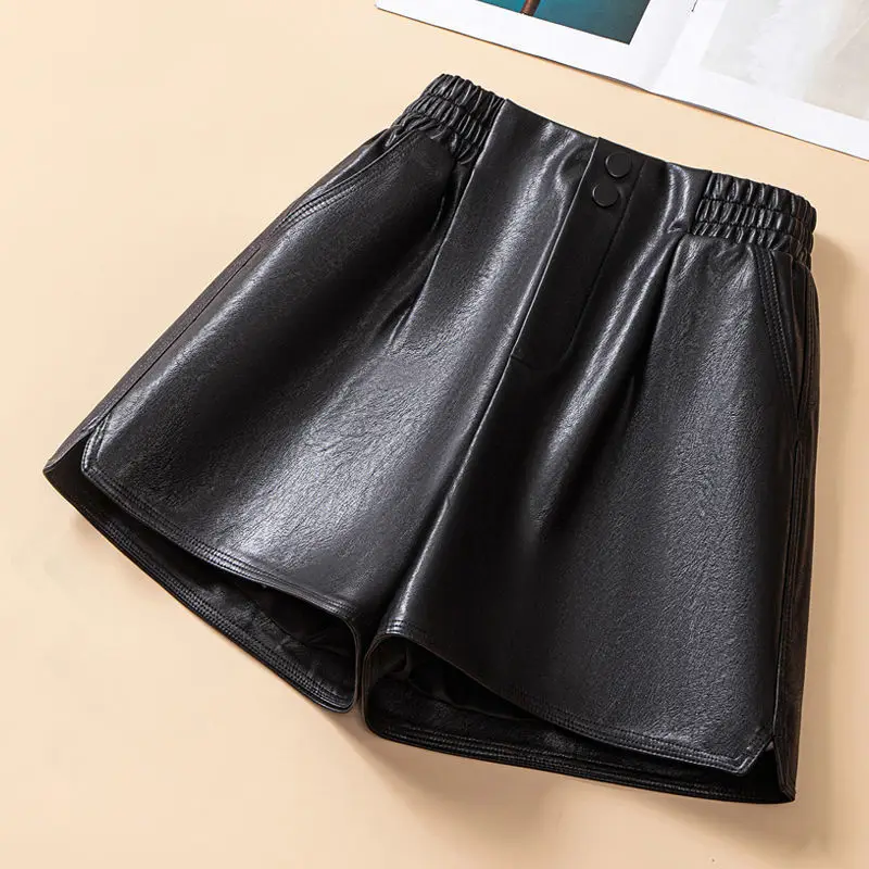 

PU Leather Woman Shorts Korean Elastic High Waist Autumn Winter 2023 New Causal Wide Leg Short Femme Fashion Bottoms N11