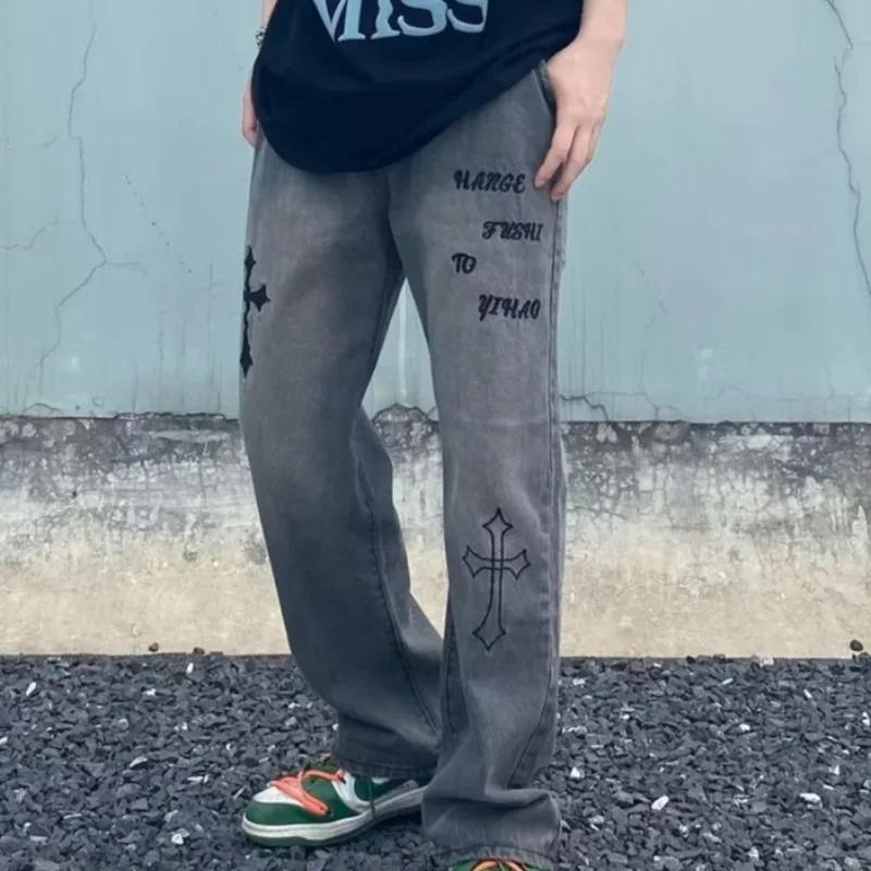 Streetwear Hip Hop Low Rise Baggy Jeans For Men Korean Y2k Fashion Trousers Cross Denim Pants Women Cargo Pants Punk Clothes