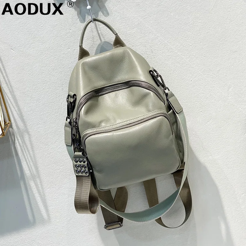 

AODUX 100% Soft Genuine Cow Leather Calfskin Women Backpacks Top Layer Nature Cowhide Dual Function Backpack One-Shoulder Bags