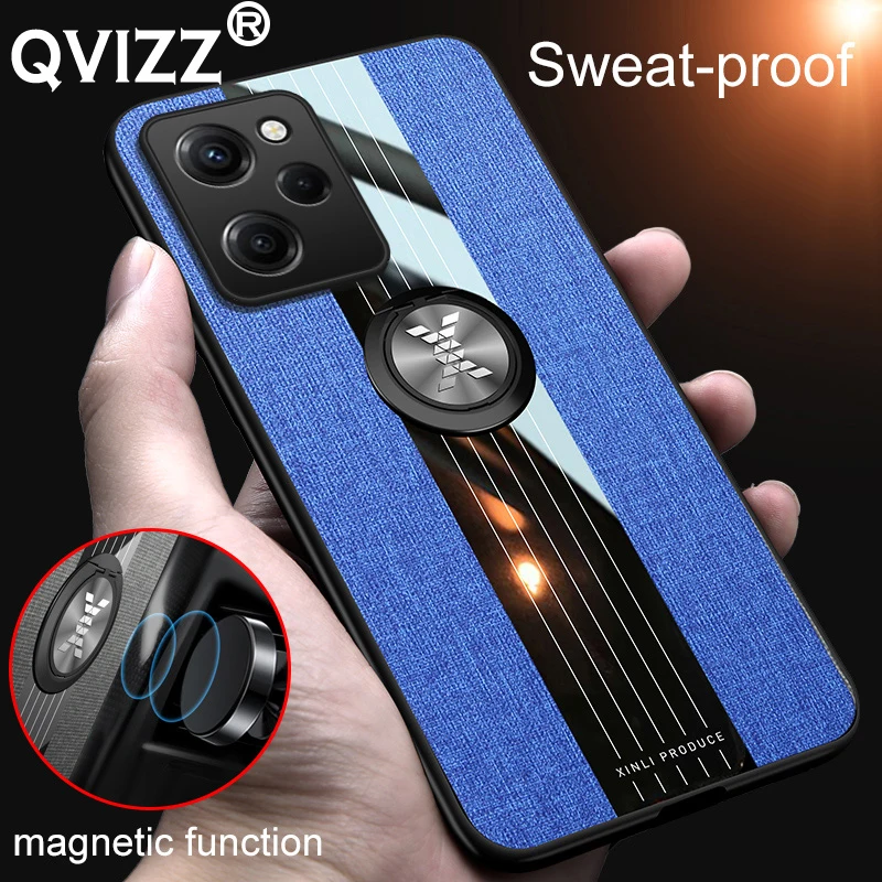 

Fabric Case for Xiaomi Poco X5 Pro Car Magnetic Ring Holder Luxury Canvas Acrylic Soft Edge Hard Phone Cover for XiaomiPocoX5Pro